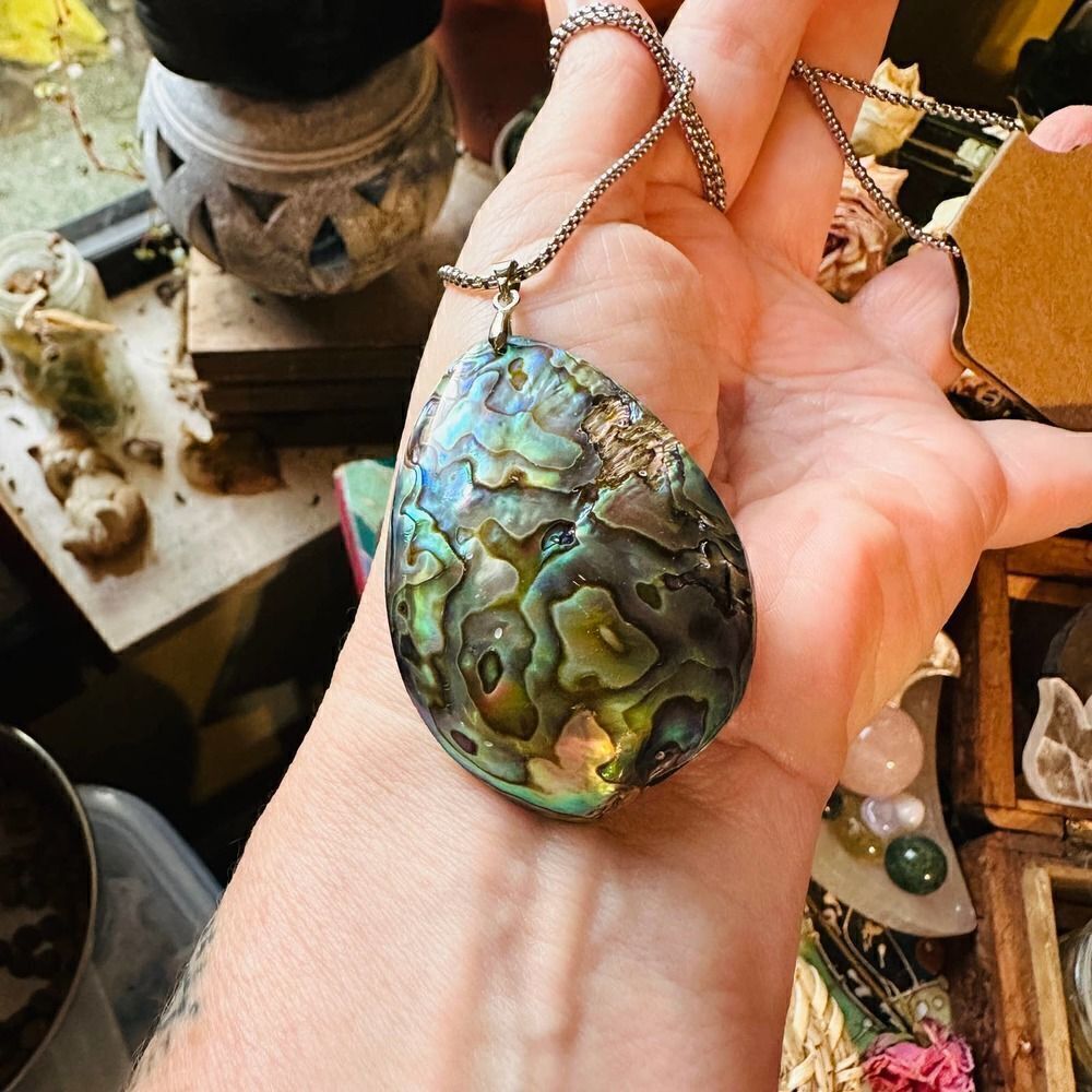 Large Mermaid Abalone Shell Necklace On Stainless Steel 20" Rounded Box Chain